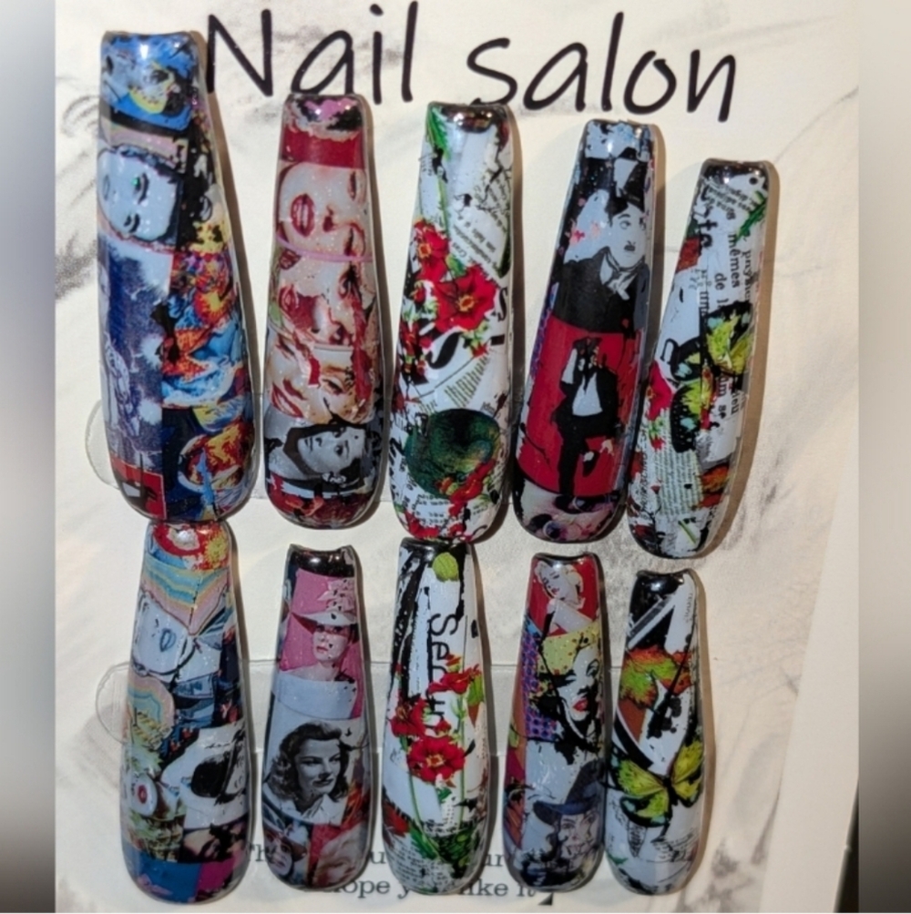 Ladies Handcrafted Custom Colorful Pop Art Press On Nails Sz Medium